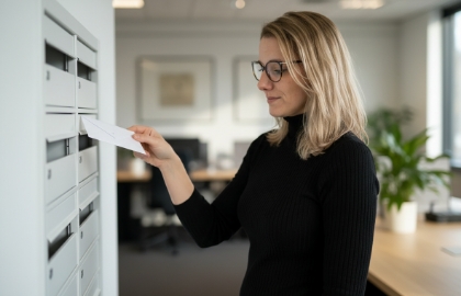 Studio Ubique team member placing a letter into office mailboxes, illustrating dedicated email hosting