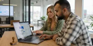 Two Studio Ubique marketers working on AI SEO together at a laptop