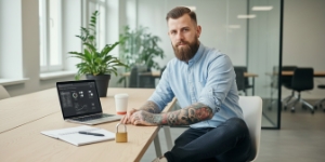 Teamlid aan een laptop met een klein hangslot op het bureau, e-commerce beveiliging en performance