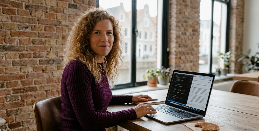 Developer at a Zwolle desk checking the llms.txt file while a browser tab shows an AI search result