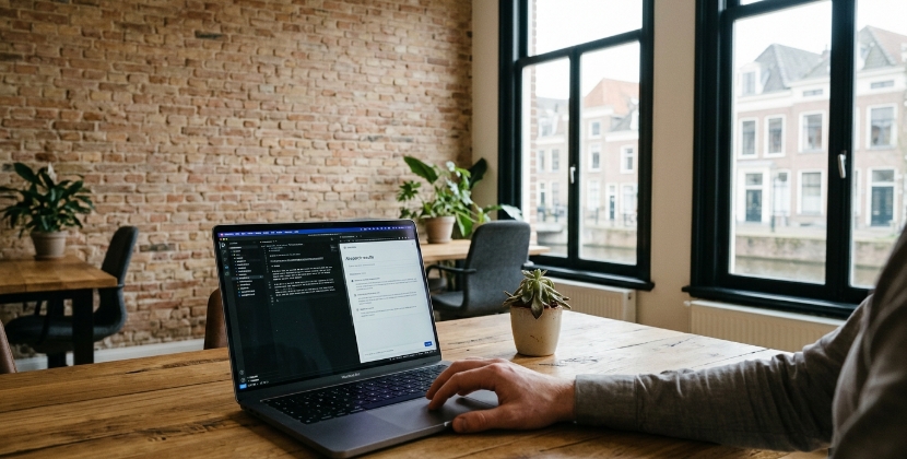 Developer at a Zwolle wooden desk considering an llms.txt file and AI search results on screen