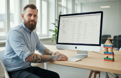 Teamlid van Studio Ubique bij een CMS-dashboard met houten bouwblokken op het bureau, maatwerk CMS-ontwikkeling