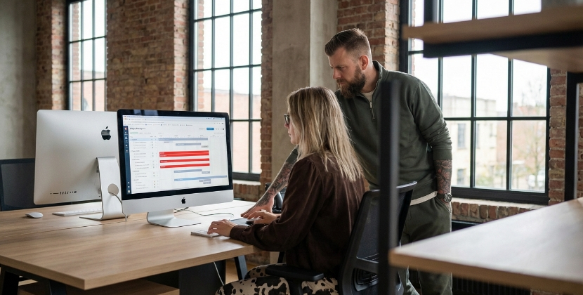 Projectmanager en ontwikkelaar die een Magento naar Shopify migratietijdlijn bespreken op een whiteboard, met vastgelopen taken gemarkeerd in rood