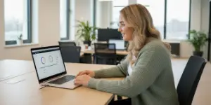 Studio Ubique team member at a laptop showing a performance dashboard in the office