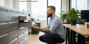 Studio Ubique team member crouching by a row of metal storage units in the office