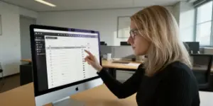 Studio Ubique team member pointing at a desktop screen showing a list interface