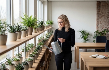 Studio Ubique team member watering a shelf of office plants while holding a tablet, illustrating managed web hosting