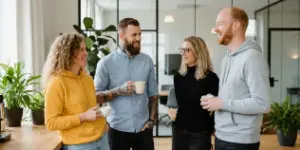 Four Studio Ubique team members talking together with coffee in the office