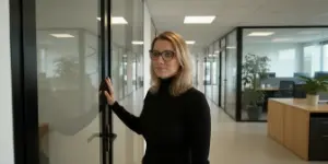 Studio Ubique team member standing by a glass office door in a bright hallway