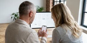 Two team members looking at an app on a phone, native iOS and Android builds