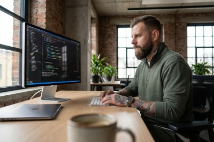 Studio Ubique team member at a code editor on screen, Next.js with React and SSR