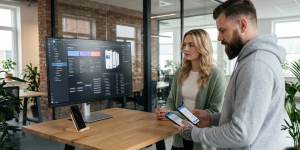 Team members at a screen with an app dashboard, one holding a tablet, progressive web app development