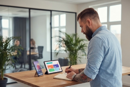 Team member with a phone and tablet showing the same app, React Native and Flutter development