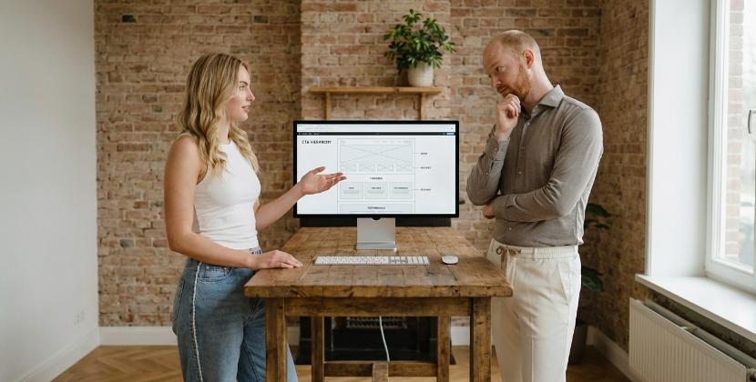 SaaS website design process showing hero section wireframe, CTA hierarchy, and visual layout workflow