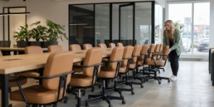 Long row of desks in the studio, scalable backend architecture for real load
