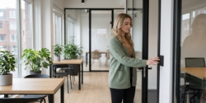 Opening a glass office door, secure and compliant backend work