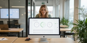 Studio Ubique team member behind a monitor showing green performance score gauges