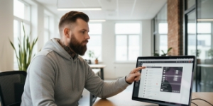 Studio Ubique team member pointing at a laptop showing a dark admin interface