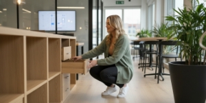 Studio Ubique team member crouching at low office cabinets