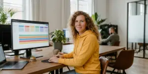 Studio Ubique team member at a monitor showing an editorial content calendar