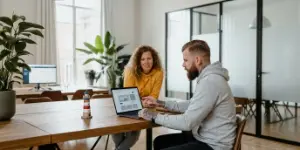 Two Studio Ubique team members discussing content strategy across an office table