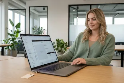 Studio Ubique team member working on a store layout on a laptop, Shopify eCommerce development