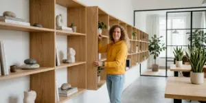 Studio Ubique team member by a modular wooden shelving unit in a bright office