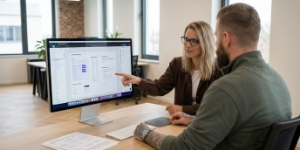 Ontwerper draagt een componentbibliotheek en design tokens over aan een developer.