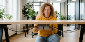 Teamlid van Studio Ubique met een apparaat en een waaier aan kabels op tafel, API-koppelingen