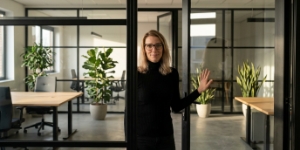 Teamlid van Studio Ubique opent een glazen kantoordeur, beveiliging en betrouwbaarheid
