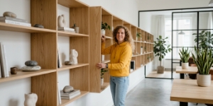 Teamlid loopt langs een lange wandkast in het kantoor, performance