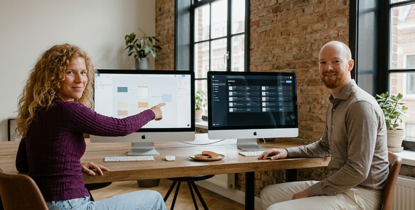 Twee designers aan een Zwols bureau bekijken browservensters met een visuele editor en beheerpaneel