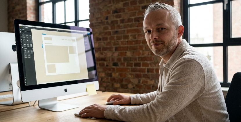 Designer in a Zwolle office working in a visual web editor on a large monitor with a sticky note