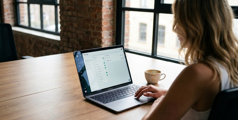 Designer at a Zwolle desk reviewing a monitoring settings interface on a laptop screen