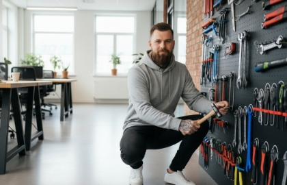 Studio Ubique team member at a wall of tools with a hammer, for website and app maintenance.