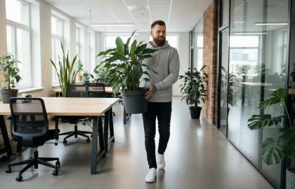 Studio Ubique team member carrying a potted plant through the office, for website migration.