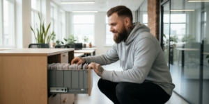 Team member opening archive drawer carefully in office, representing transparent reporting and cost control in website support