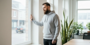 Team member checking through tall window in industrial office, representing 24/7 uptime monitoring and 99.9 percent uptime guarantee in website support
