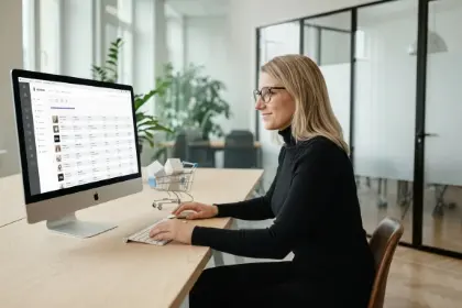 Team member at a store dashboard with a miniature shopping cart on the desk, WooCommerce eCommerce development