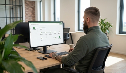 Developer designing Recruitee sync and triggers at a desk