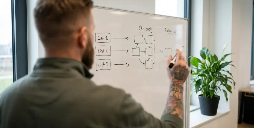 Over-de-schouder beeld van een getekende ABM workflow van shortlist naar outreach op een whiteboard