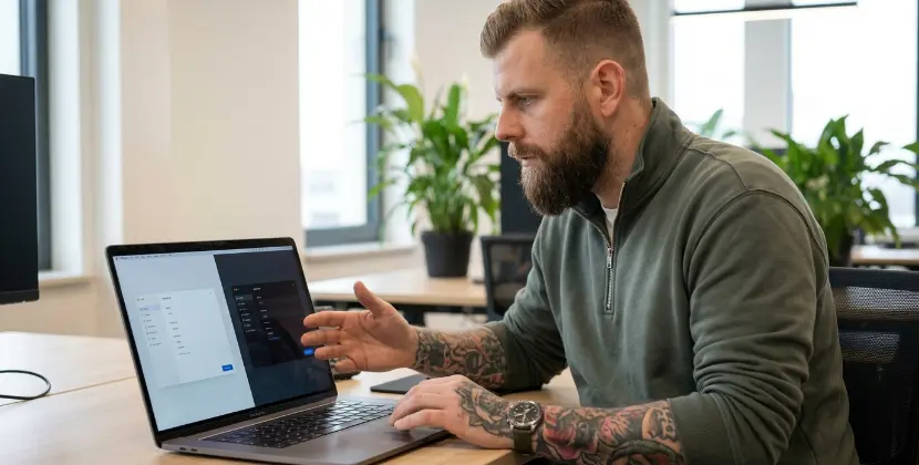 Marketeer vergelijkt twee panelen op een laptopscherm, generieke versus persoonlijke boodschap