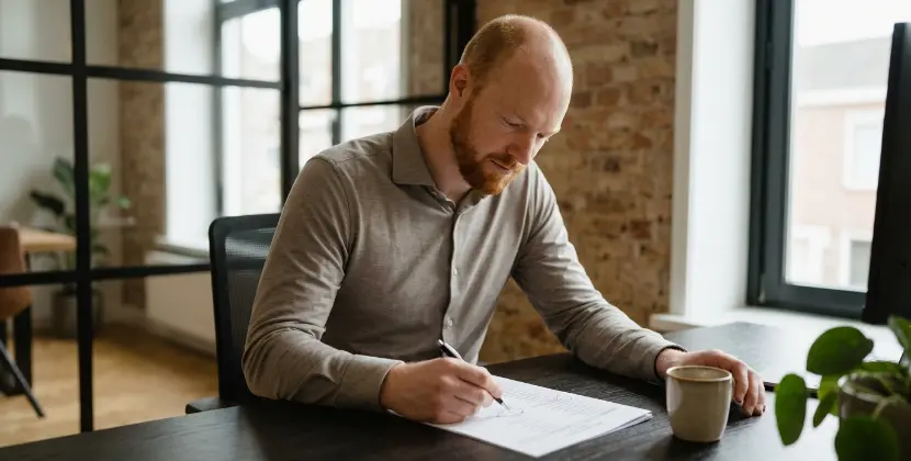 Marketeer omcirkelt een bedrijfsnaam op een geprinte target account lijst met koffie op het bureau