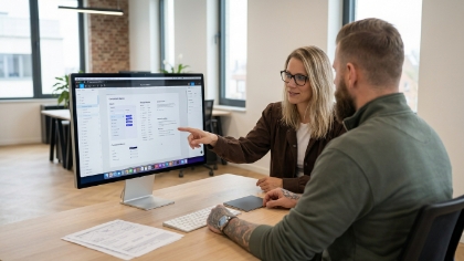 Studio Ubique team reviewing a B2B case study in a CMS dashboard