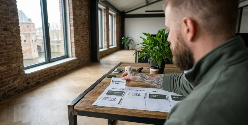 Over de schouder: handen groeperen vraagkaarten per beslissingsfase