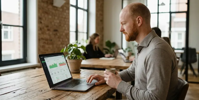 Persoon bekijkt abstracte SEO-data op een MacBook en pakt een koffiekop