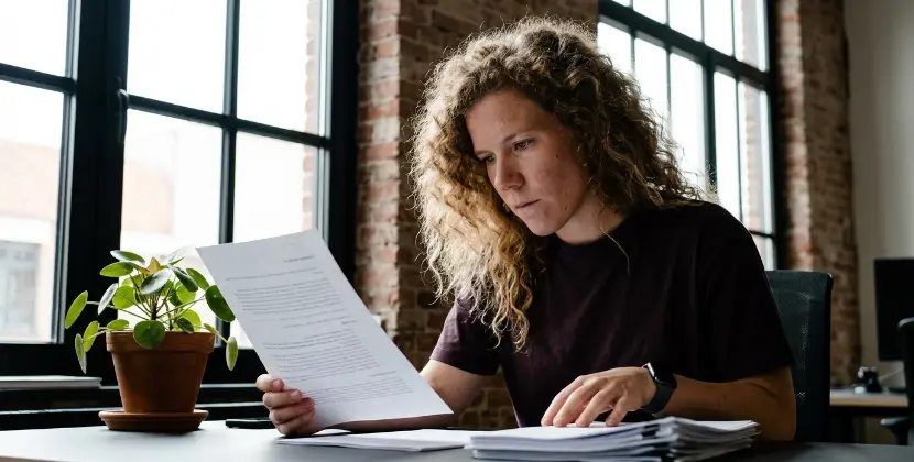 Marketeer bekijkt een geprint aanbod aan bureau in Zwolle, licht fronsend