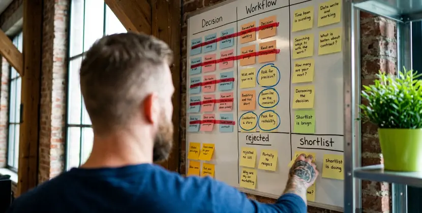 Over-de-schouderbeeld van een workflowbord dat veel notities tot een korte shortlist terugbrengt