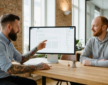 Two developers reviewing a B2B website on a large monitor