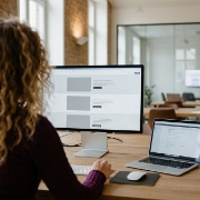 Designer reviewing a B2B website wireframe on a monitor
